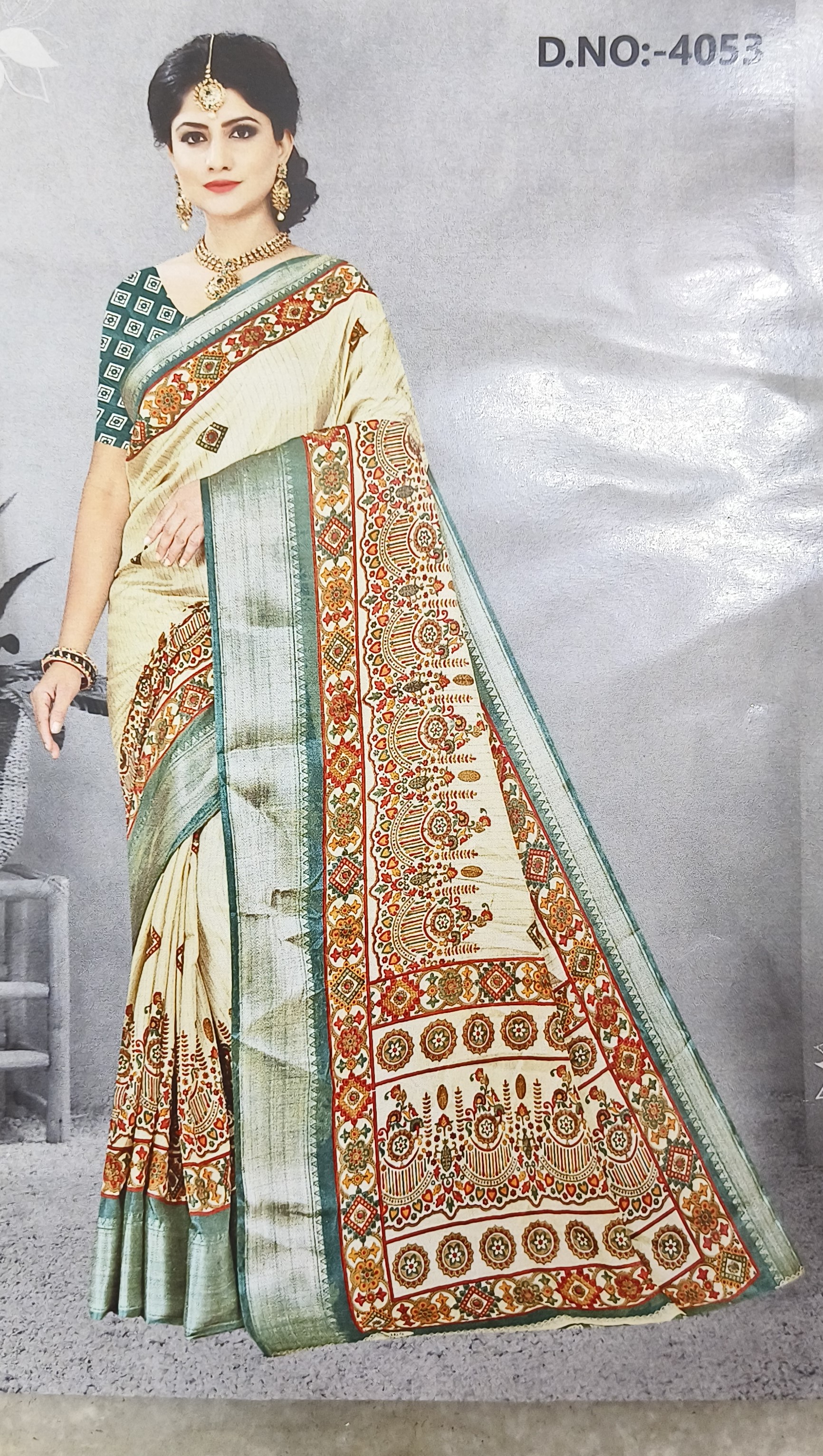 Kalamkari Print Silk Saree with Zari Border