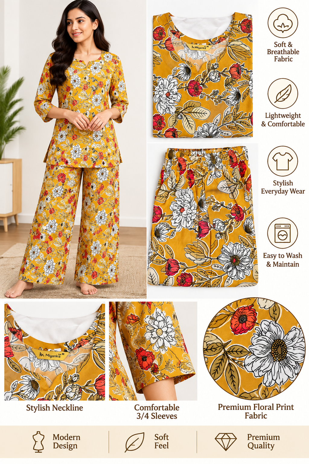 Mustard Floral Print 2 Piece Co-ord Set