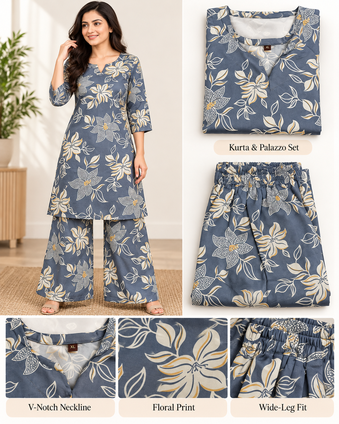 Slate Blue Floral Print 2 Piece Co-ord Set