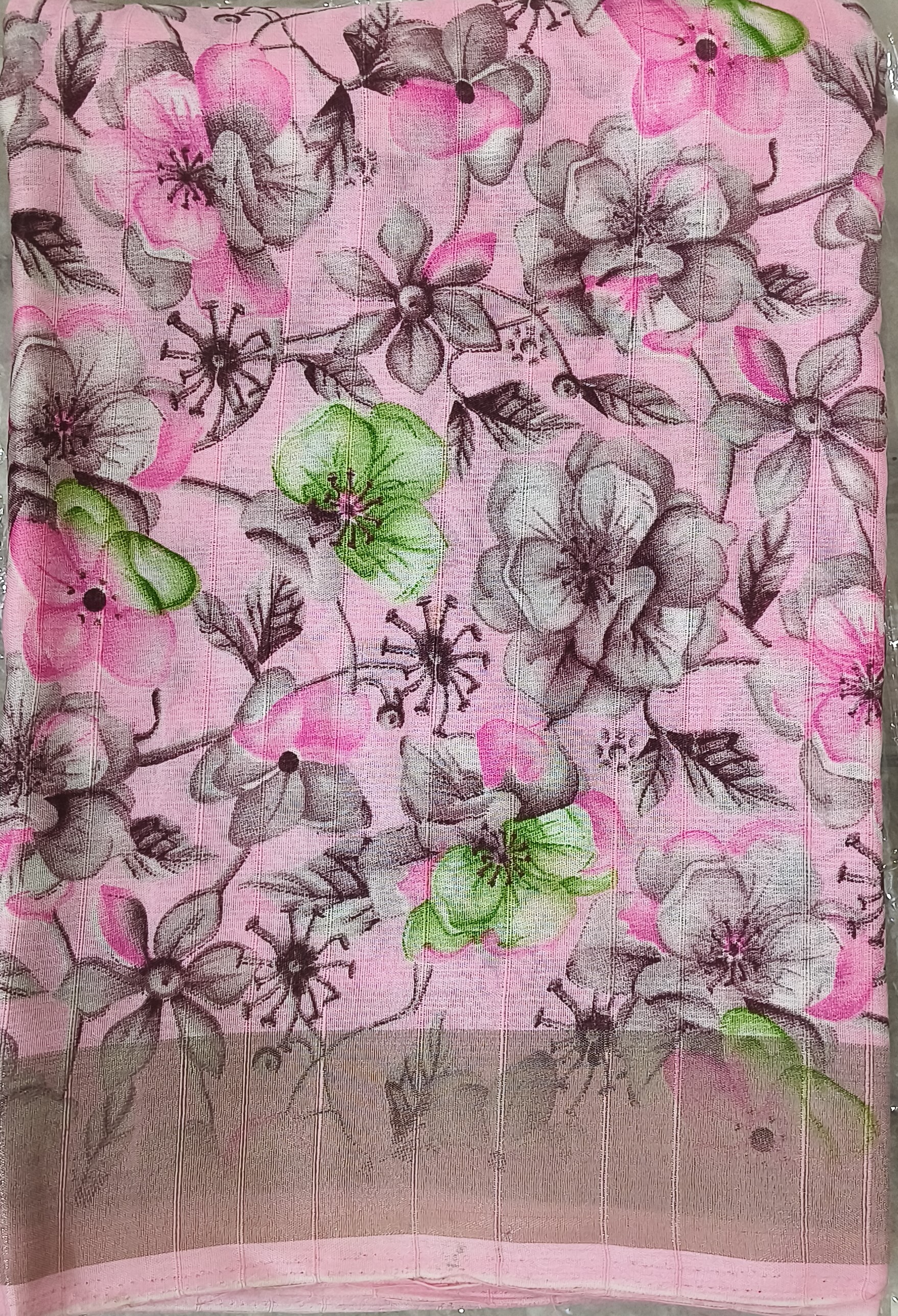 Pink Floral Print Saree with Woven Border