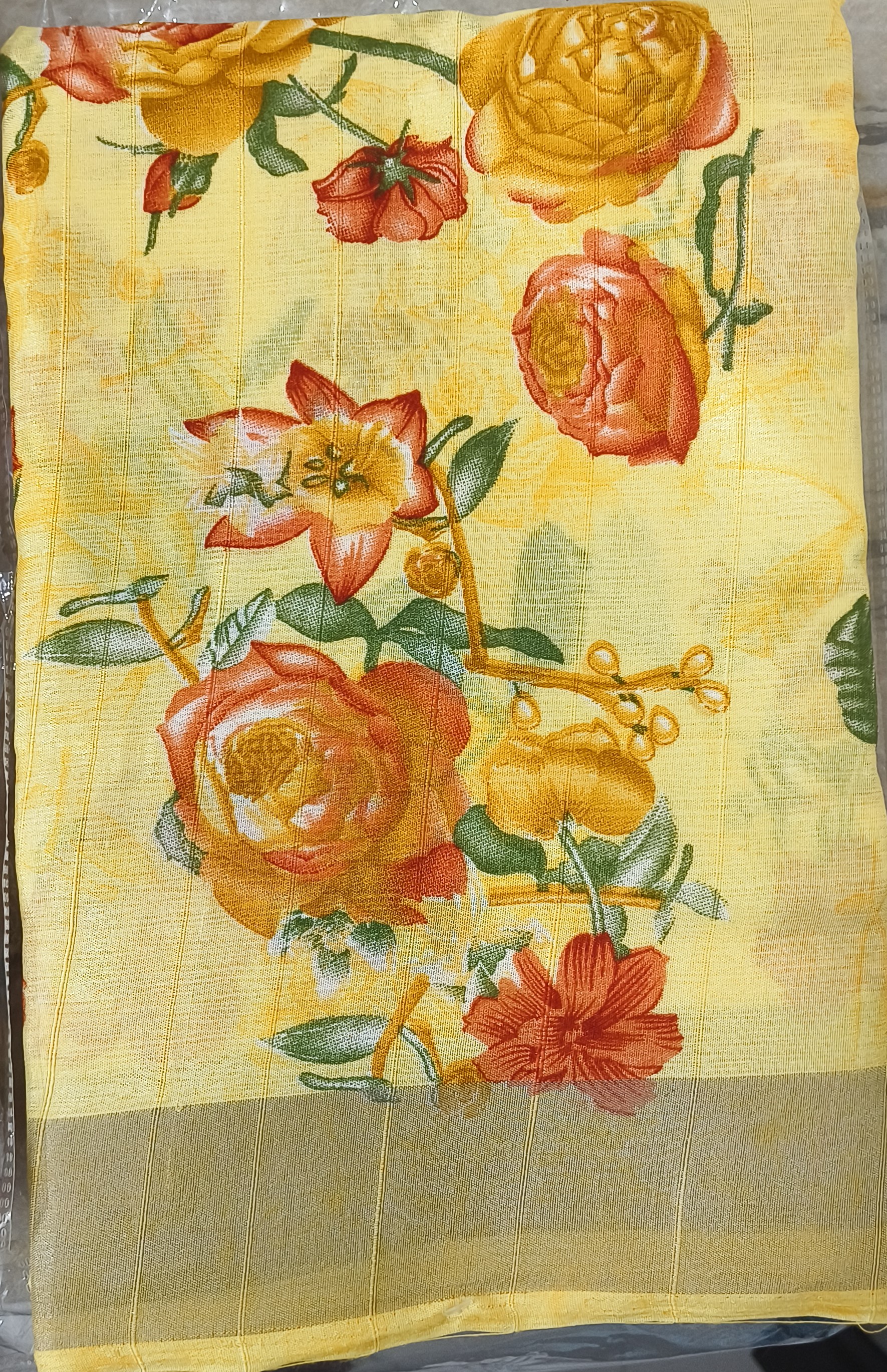 Yellow Rose Print Saree with Golden Border