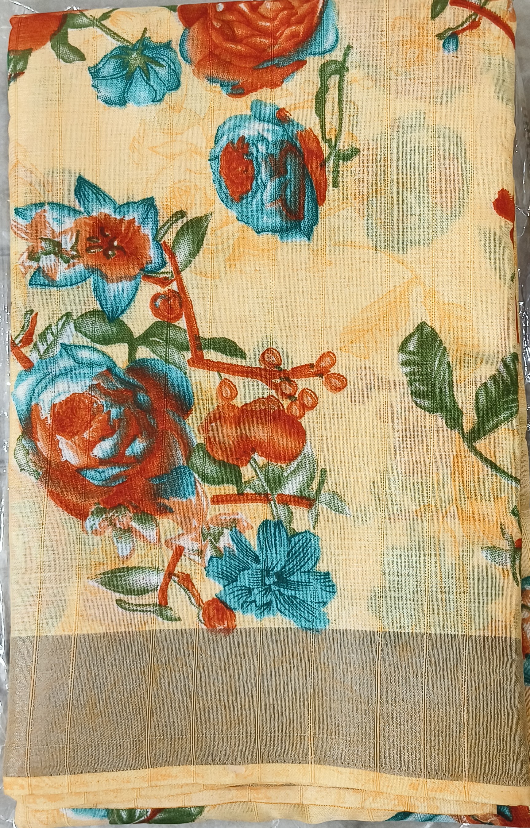 Pale Yellow Floral Print Saree with Teal Roses