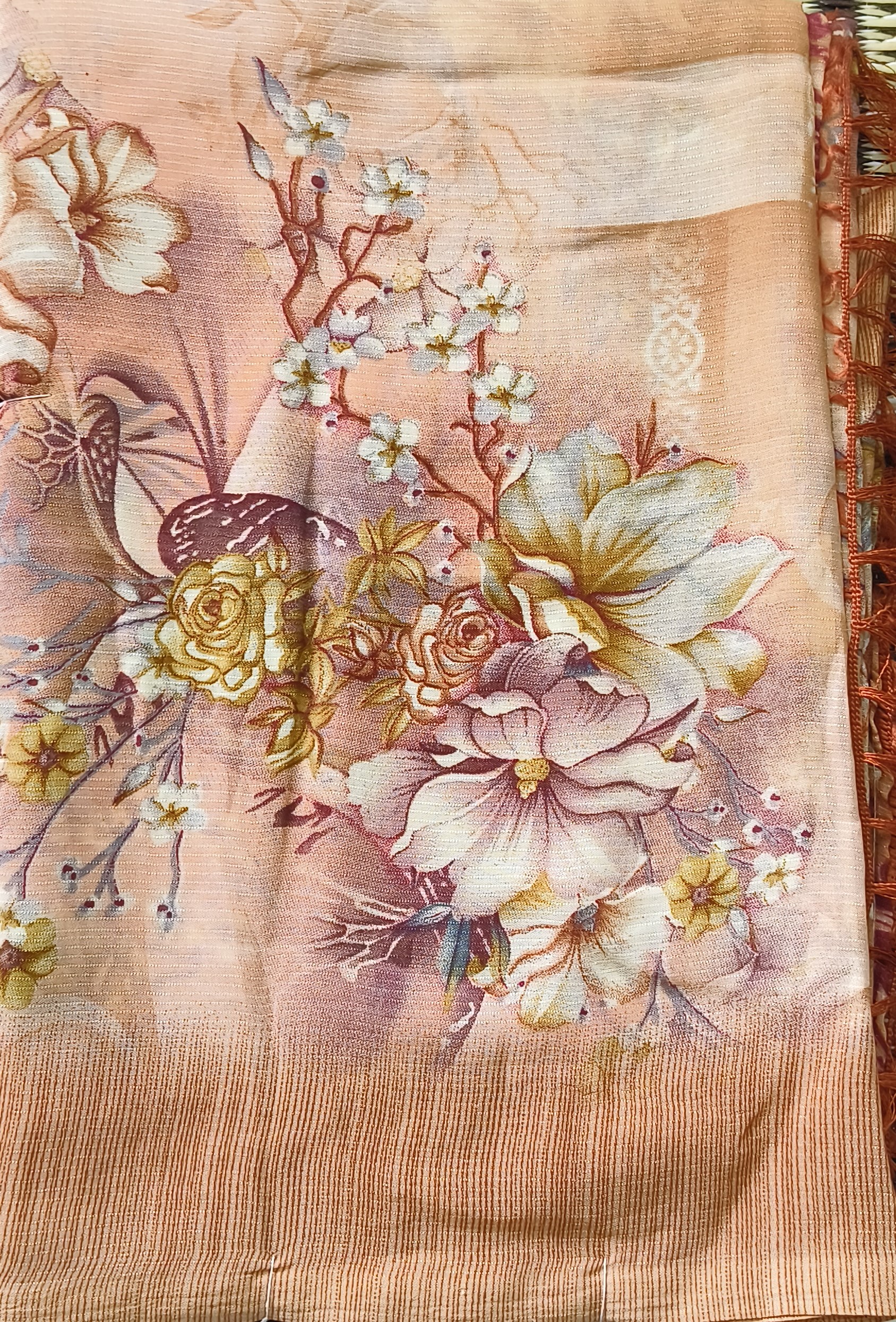 Peach Floral Print Saree with Fringe Border