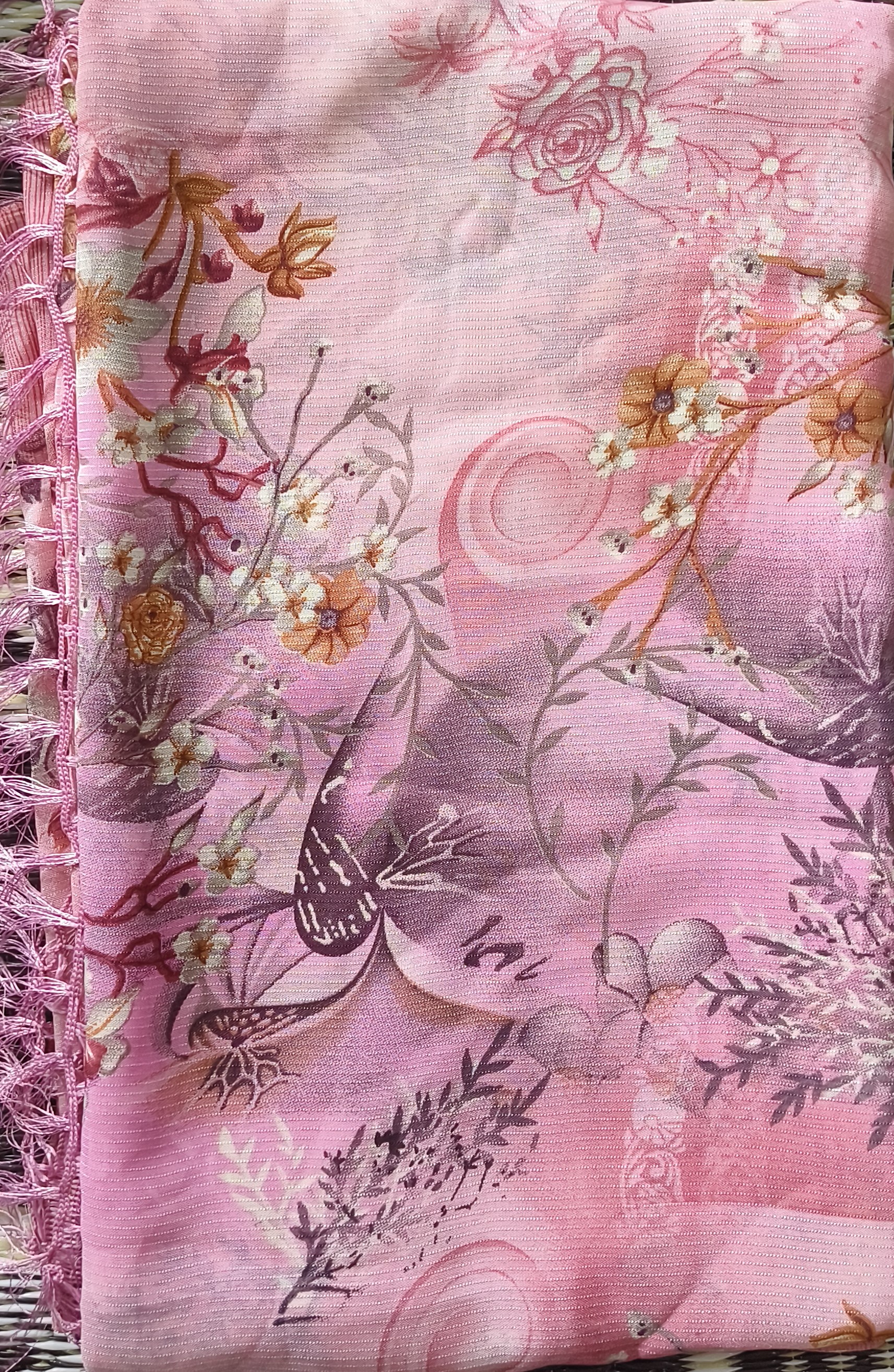 Pink Floral Print Saree with Fringe Border