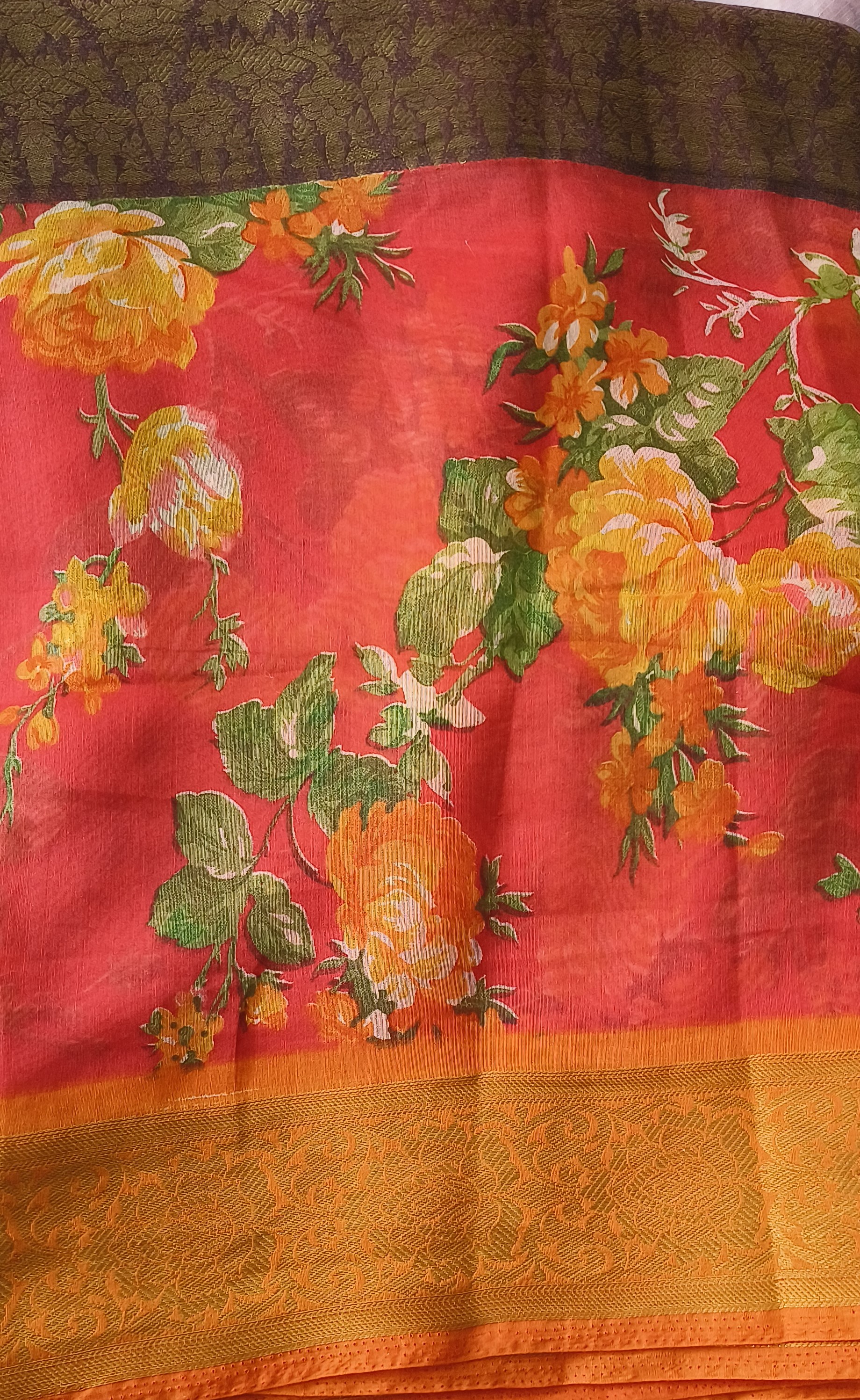 Red Floral Print Saree with Olive Woven Border