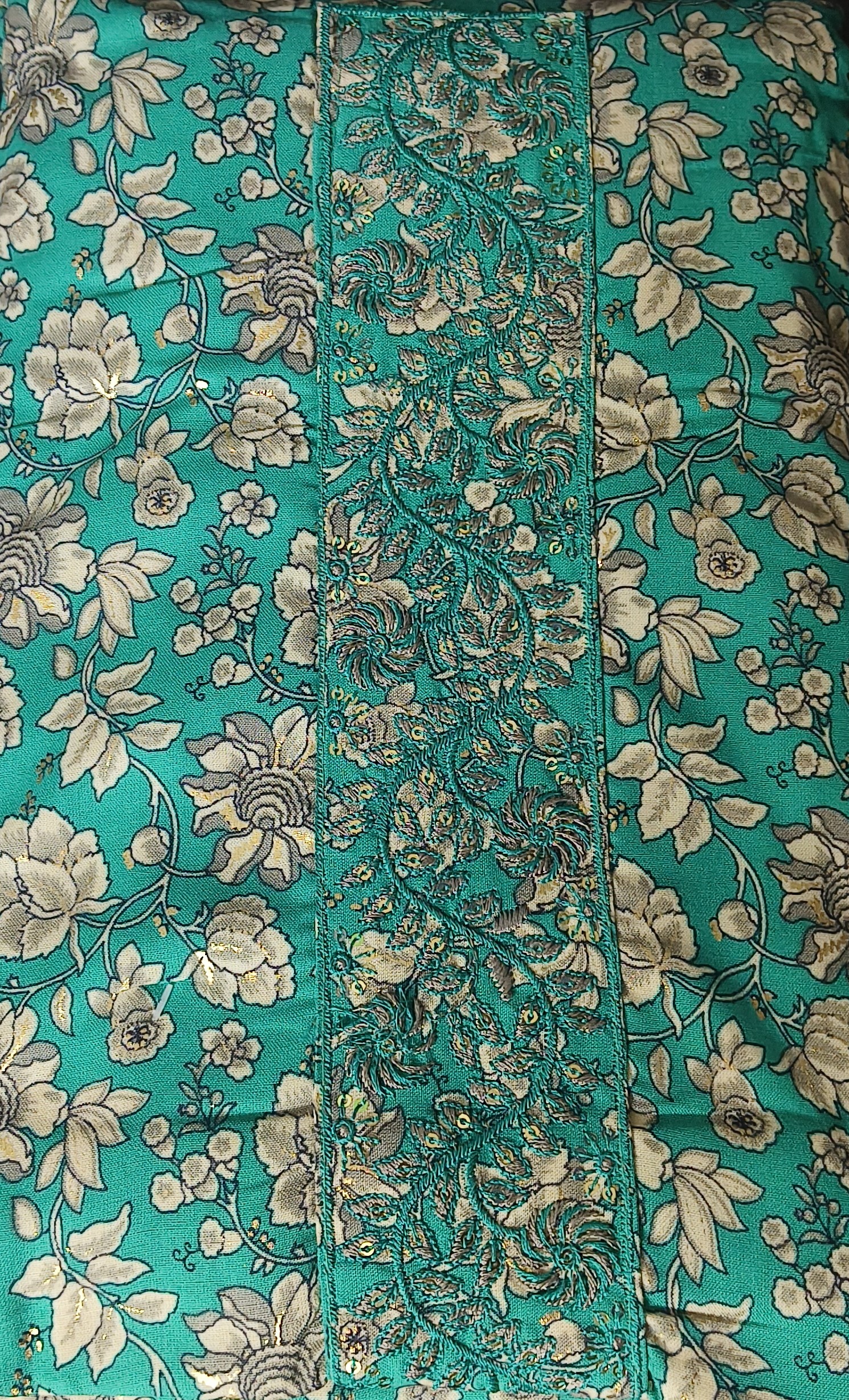 Teal Floral Print Dress Material with Embroidered Border