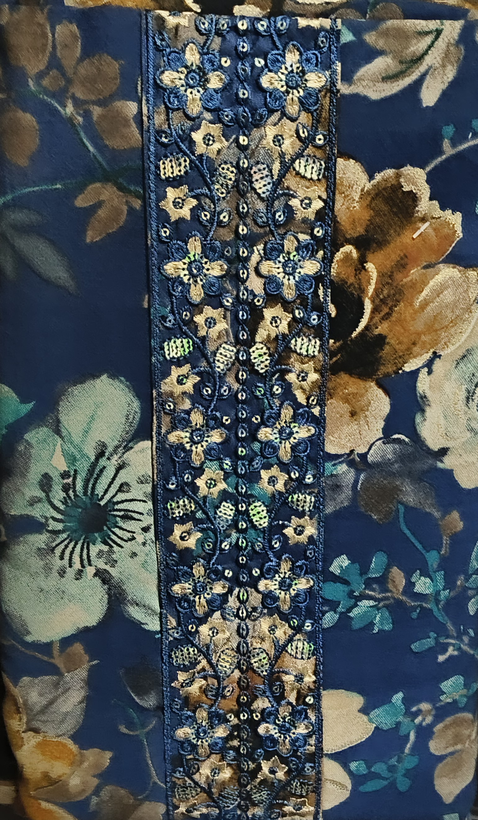 Navy Floral Print Dress Material with Embroidered Border