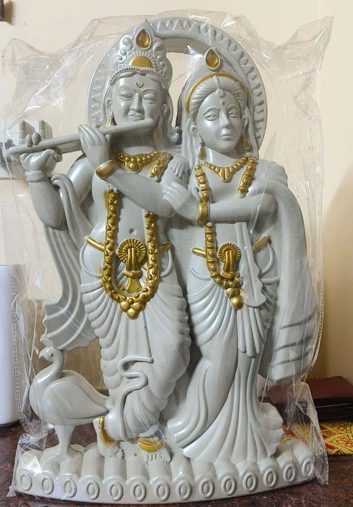 Marble-Finish Radha Krishna Idol with Peacock