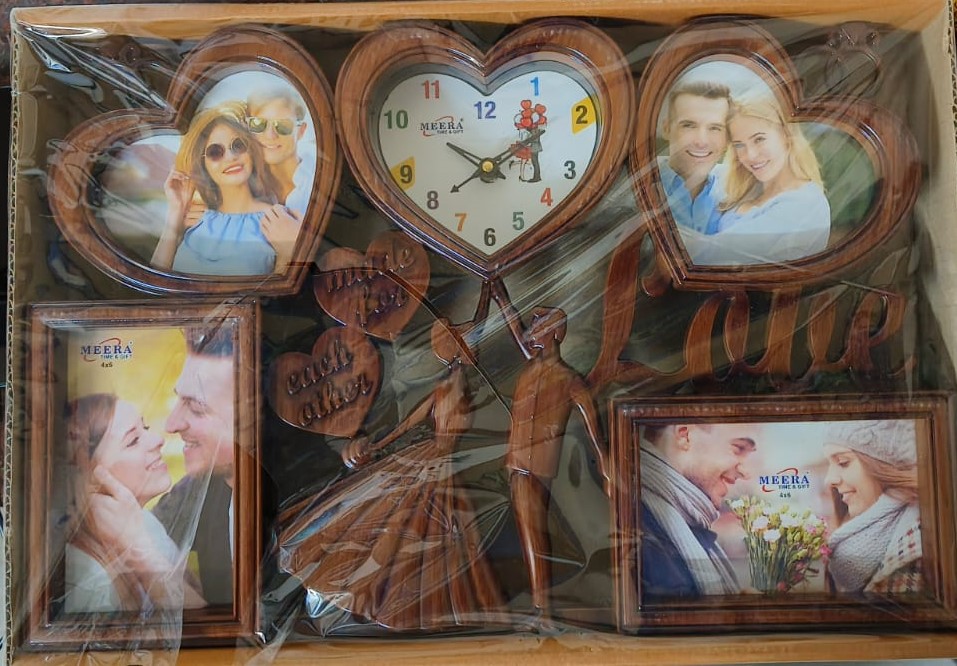 Wooden-Style Love Couple Clock with Photo Frames